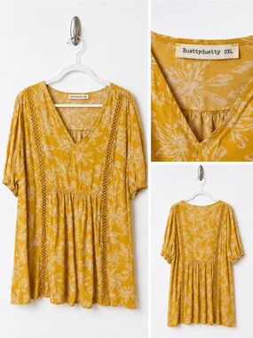 ⭐️3/$20 Rusttydustty 0XL Mustard Yellow Floral Boho Crochet Babydoll Tunic Top